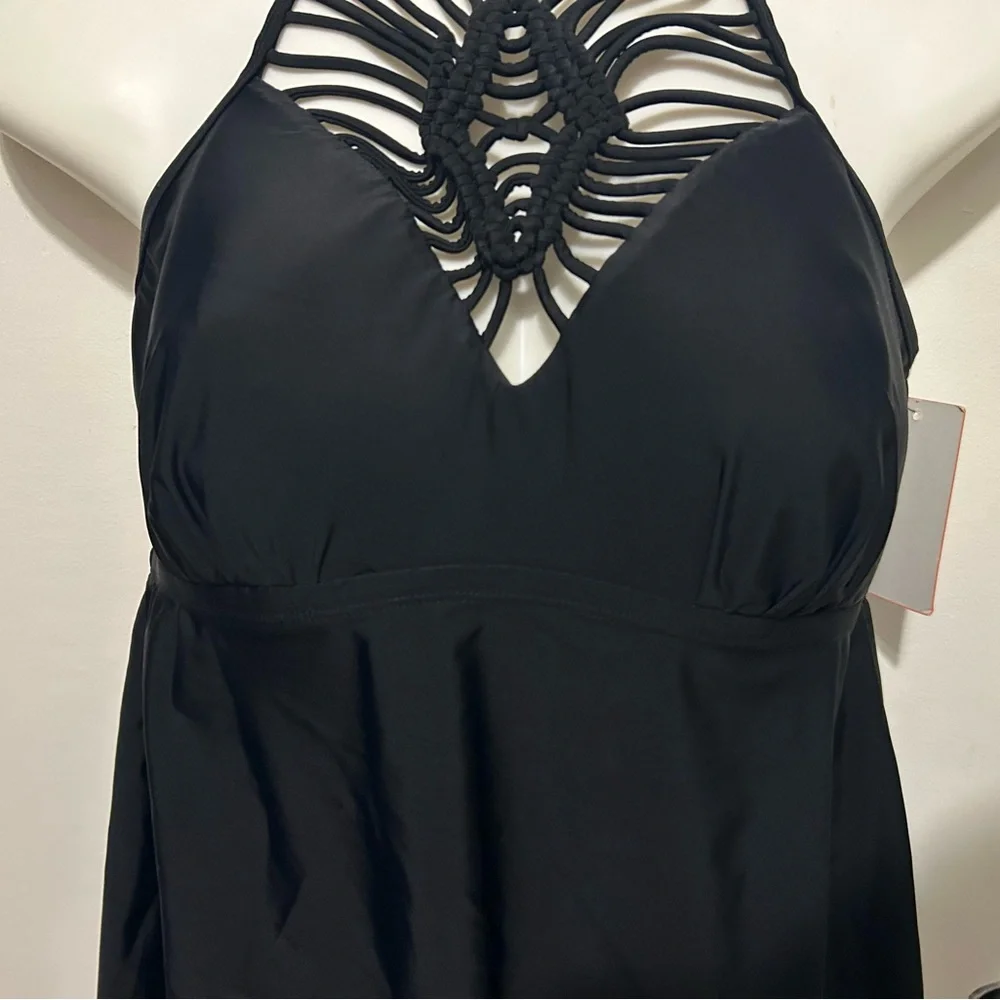 Swimsuits For All Black Halter Tankini with Macramé Front